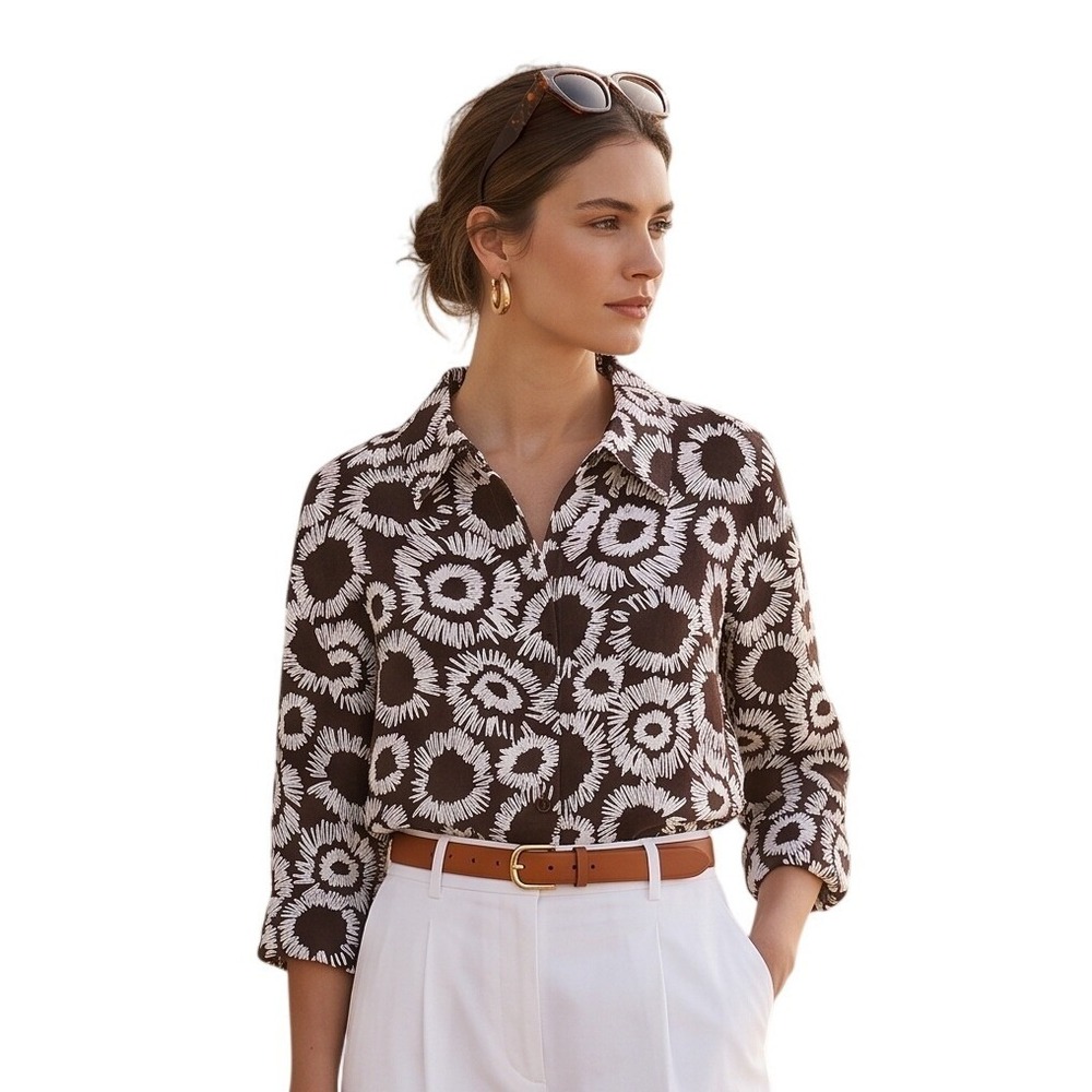 JM Collection Natural Linen Button-Down Shirt 16 Brown Lagenlook Boho Minimalist